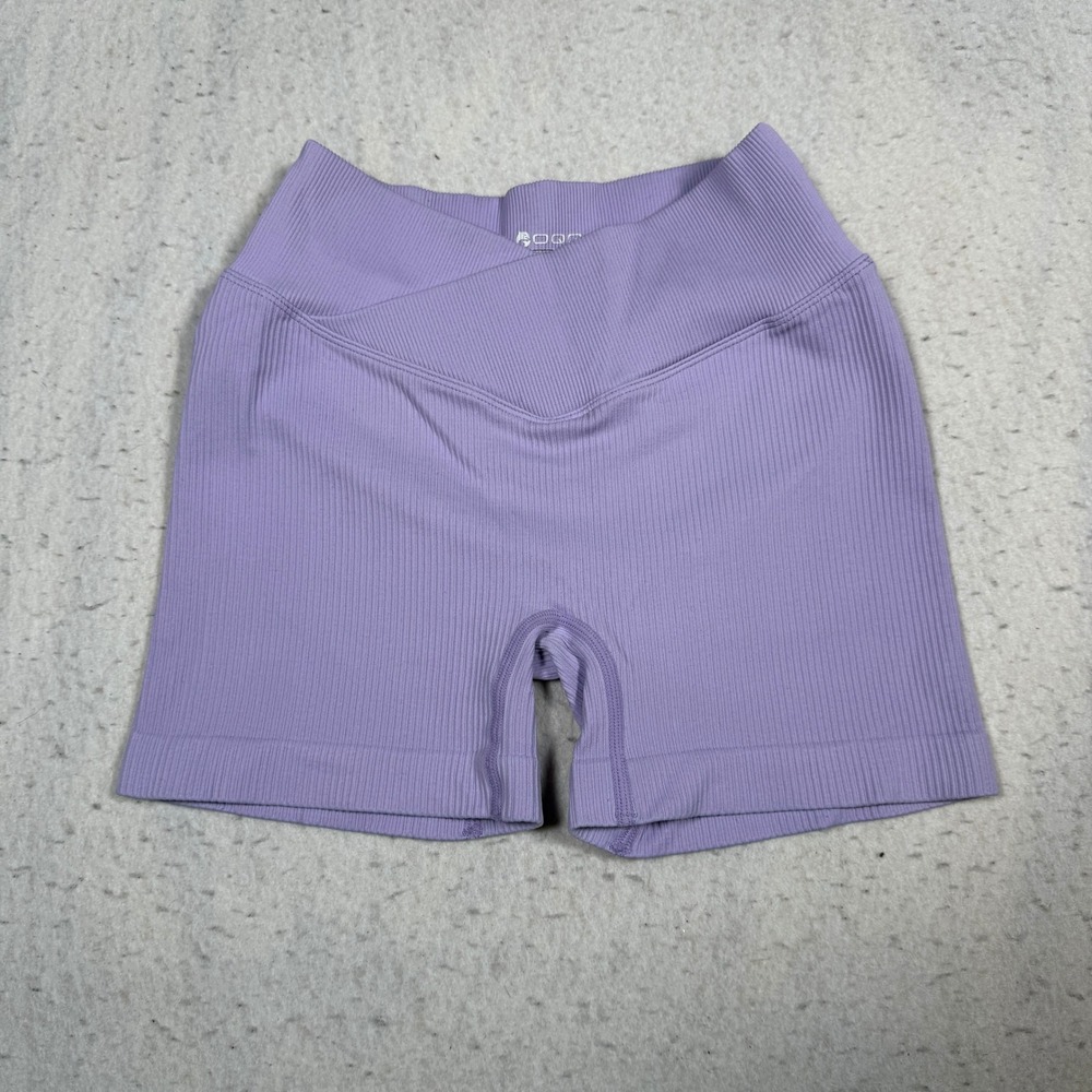 GOQQ Women Purple Ribbed Crossover High Waisted Seamless Workout Shorts Small